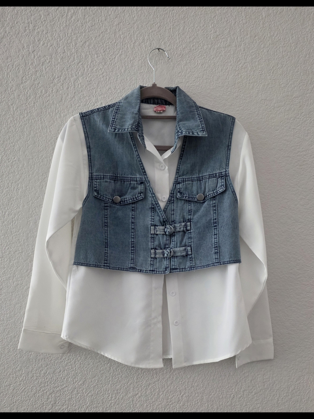 Denim Crop Vest Over White Blouse